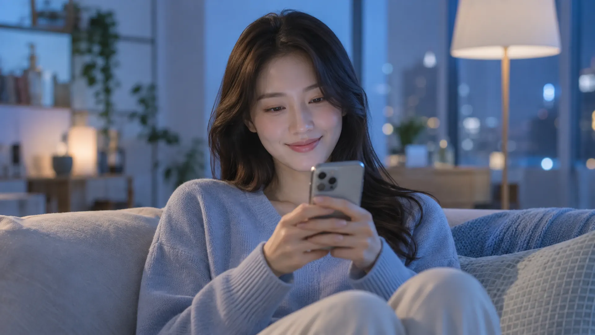 저녁 거실 소파에서 휴대폰을 보며 웃는 20대 여성