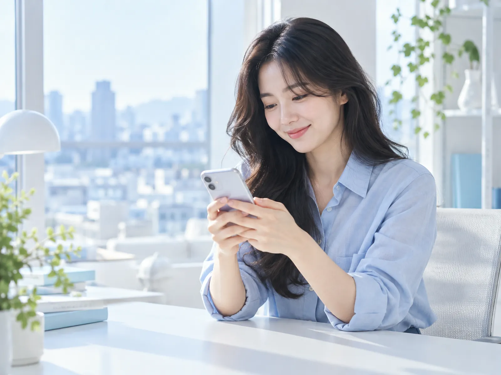 밝은 낮 창가 책상에서 휴대폰을 보며 웃는 20대 여성